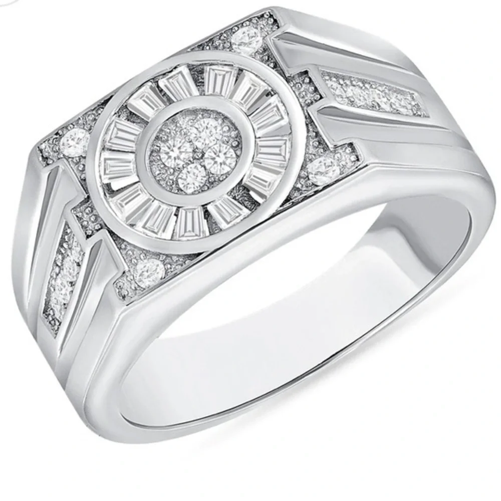 Silver 925 Rhodium Plated Round Cubic Zirconia w/ Baguette Men's Ring